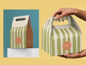 Packaging take away de Amakima: cajas con rayas verdes y sello naranja