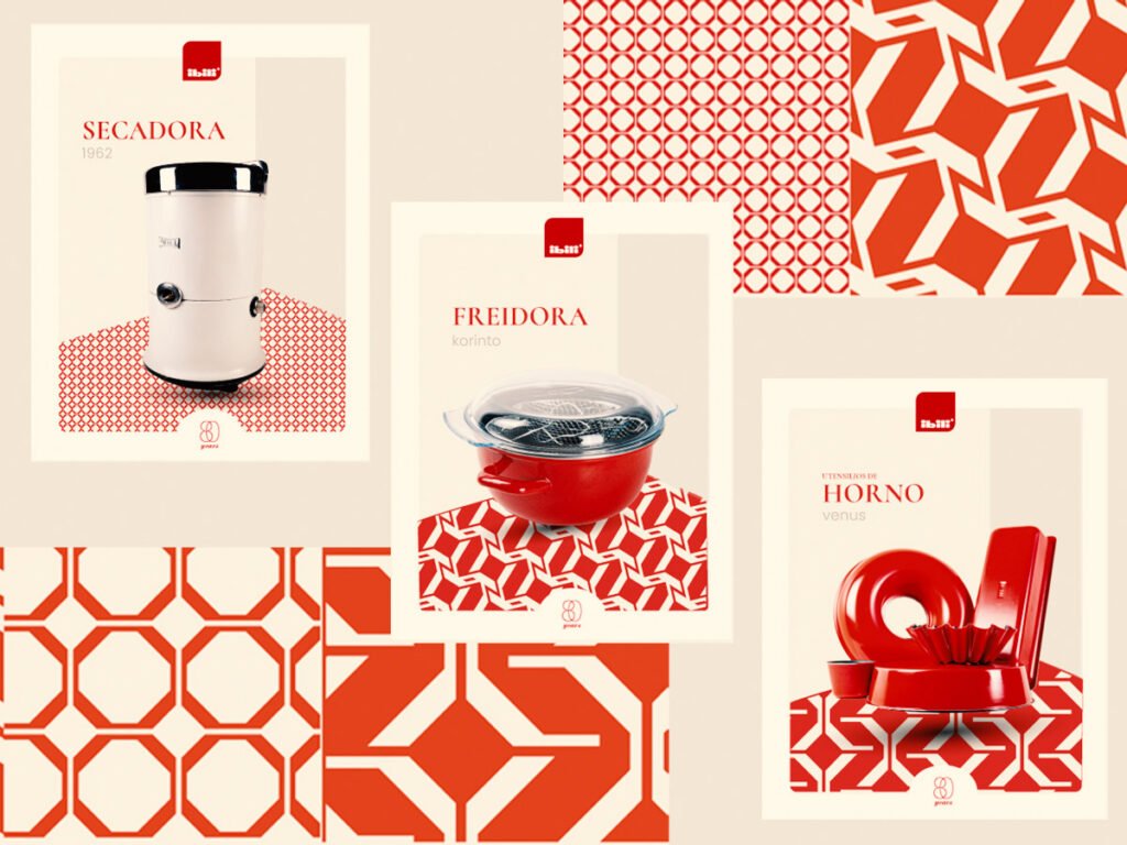 Carteles de la campaña del 80 aniversario de Ibili con la secadora, la freidora y el horno sobre estampados rojos