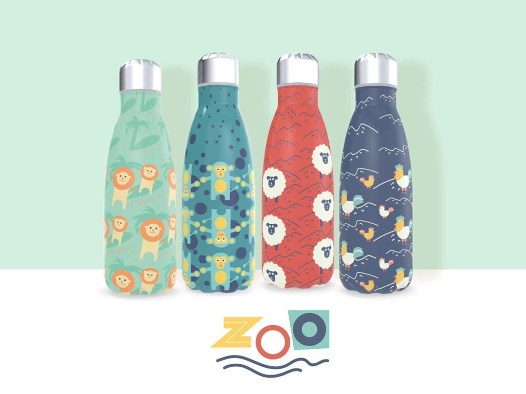 Cuatro botellas térmicas Zoo con estampados de leones, monos, ovejas y gallos